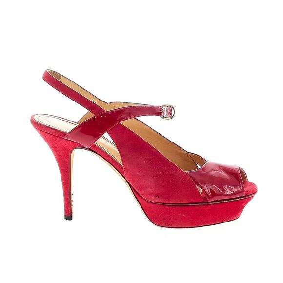 Authentic Yves Saint Laurent Red Platform Slingback Patent Suede Heels Size 39.5 - Picture 1 of 10